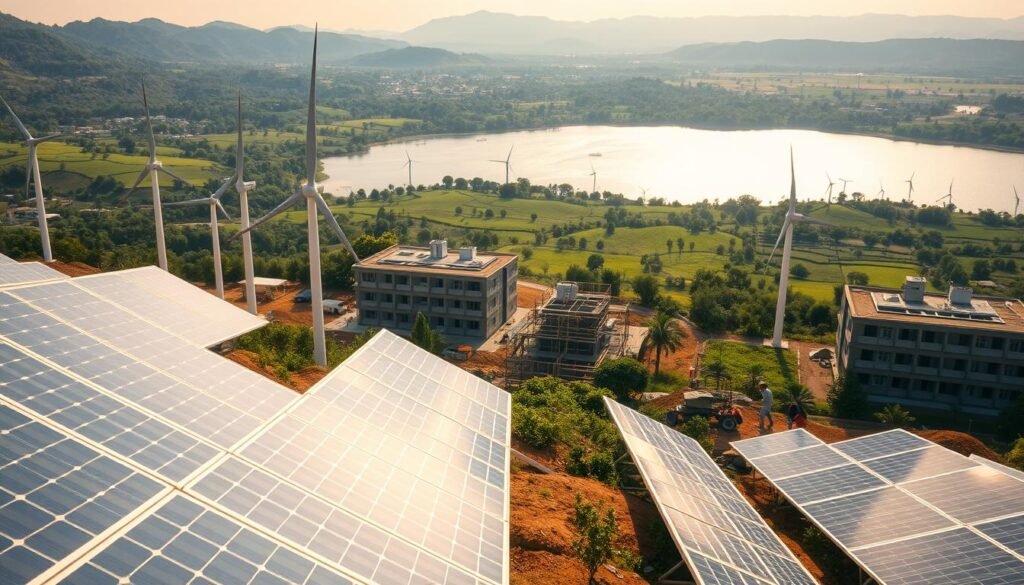 A bustling scene of sustainable projects undertaken by the Islamic Development Bank, captured in a vibrant, documentary-style photograph. In the foreground, solar panels and wind turbines harness renewable energy, while in the middle ground, workers construct energy-efficient buildings. The background features a lush, verdant landscape with a sparkling lake, symbolizing the bank's commitment to environmental stewardship. The lighting is natural and warm, casting a golden glow over the scene, and the camera angle is slightly elevated, providing a sweeping view of the sustainable initiatives. The overall atmosphere conveys a sense of progress, innovation, and a harmonious balance between development and sustainability.