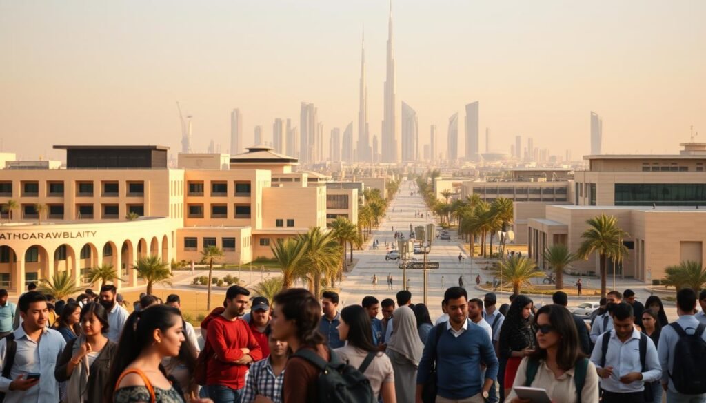 A bustling university campus in the United Arab Emirates, bathed in warm desert light. In the foreground, a group of students engage in animated discussions, their faces alight with the thirst for knowledge. The middle ground showcases state-of-the-art academic facilities, their architectural design seamlessly blending tradition and modernity. In the background, the iconic skyline of Dubai rises, a testament to the nation's commitment to innovation and progress. The scene exudes an atmosphere of intellectual vibrancy, where the pursuit of excellence is the driving force behind the nation's educational landscape. A bustling university campus in the United Arab Emirates, bathed in warm desert light. In the foreground, a group of students engage in animated discussions, their faces alight with the thirst for knowledge. The middle ground showcases state-of-the-art academic facilities, their architectural design seamlessly blending tradition and modernity. In the background, the iconic skyline of Dubai rises, a testament to the nation's commitment to innovation and progress. The scene exudes an atmosphere of intellectual vibrancy, where the pursuit of excellence is the driving force behind the nation's educational landscape.