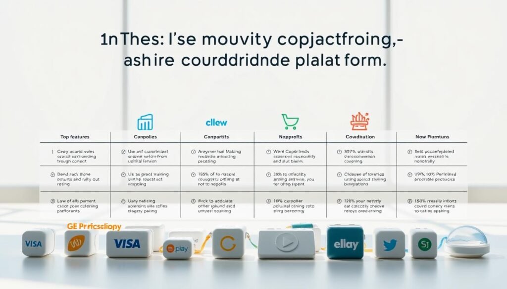 A comparative illustration of the leading crowdfunding platforms, captured in a sleek, modern layout. In the foreground, clean icons and logos of the top platforms, arranged neatly. The middle ground showcases key features and statistics for each service, presented in a clear, infographic-style format. The background features a minimalist geometric pattern, creating a professional, data-driven atmosphere. Bright, natural lighting illuminates the scene, with a soft focus to draw the eye towards the central information. The overall tone is authoritative, informative, and visually appealing, suitable for a detailed roundup of the best crowdfunding options for nonprofits.