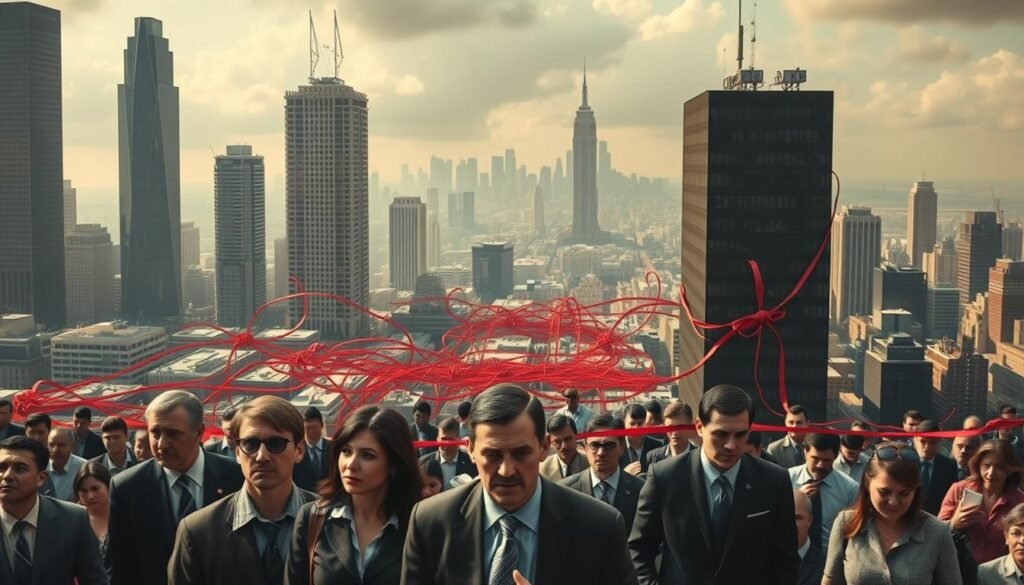 A complex cityscape with various governance challenges represented by towering skyscrapers, bureaucratic red tape, and a diverse populace. The foreground showcases a group of people in business attire, their expressions reflecting frustration and determination as they navigate the intricate web of policies and regulations. The middle ground features a maze-like network of interconnected offices, symbolizing the bureaucratic hurdles. In the background, a hazy skyline suggests the larger systemic issues, with storm clouds hinting at the looming obstacles. Dramatic lighting casts dynamic shadows, creating a sense of urgency and the need for decisive action. The overall atmosphere conveys the common challenges in implementing effective governance, while also suggesting the resilience and problem-solving spirit required to overcome them.