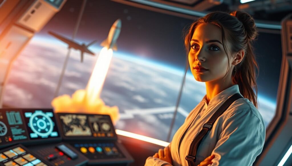 A detailed, cinematic view of a professional's journey through the realm of space science. In the foreground, a female protagonist stands confidently, her gaze focused on the future. Behind her, a complex control panel and holographic displays illuminate the technical aspects of her work. The background features a panoramic view of a futuristic space station, with sleek spacecraft launching into the vast, starry expanse. Warm lighting and a sense of purpose permeate the scene, capturing the essence of a trailblazing career in space exploration. A detailed, cinematic view of a professional's journey through the realm of space science. In the foreground, a female protagonist stands confidently, her gaze focused on the future. Behind her, a complex control panel and holographic displays illuminate the technical aspects of her work. The background features a panoramic view of a futuristic space station, with sleek spacecraft launching into the vast, starry expanse. Warm lighting and a sense of purpose permeate the scene, capturing the essence of a trailblazing career in space exploration.