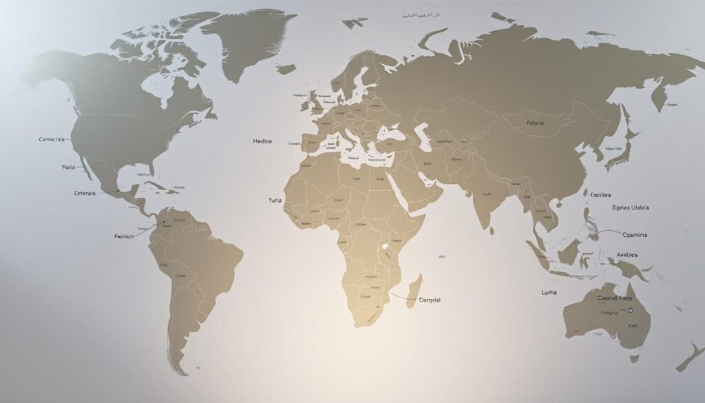 A detailed, high-quality map of the member countries of the Islamic Development Bank, rendered with a professional, geographical aesthetic. The map should occupy the central focus, showcasing the global reach and diverse membership of the institution. The continents and national borders should be clearly delineated, with muted colors and a neutral, informative tone. Subtle shading and lighting should enhance the geographical features, creating a sense of depth and realism. The overall composition should convey the global scope and significance of the Islamic Development Bank's activities.