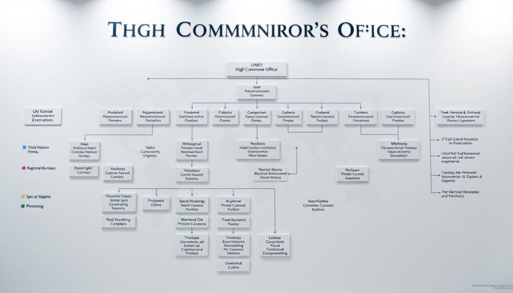 A detailed organizational chart depicting the High Commissioner's Office, showcasing its global network of regional bureaus, field operations, and specialized divisions. The chart features clean, minimalist iconography and elegant typography, conveying a sense of professionalism and efficiency. The layout is balanced and easy to navigate, with a neutral color palette that emphasizes the hierarchical structure. Soft, directional lighting illuminates the chart, creating depth and a sense of authority. The overall mood is one of institutional competence and transparency, fitting the subject matter of the UNHCR and its global operations.