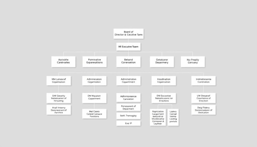A detailed organizational structure for a non-profit association, rendered in a clean, professional style. The layout features distinct hierarchical levels, with the board of directors and executive team at the top, followed by various administrative and operational departments. The design emphasizes balance, symmetry, and clear delineation of roles and responsibilities. Rendered with a neutral color palette, muted tones, and a sophisticated, minimalist aesthetic to convey a sense of efficiency and transparency. Crisp linework, subtle gradients, and a layout that effectively communicates the association's governance framework.