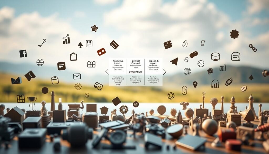 A detailed scene of various evaluation types, captured through a wide-angle lens with soft, natural lighting. In the foreground, a diverse array of evaluation icons, symbols, and infographic elements float in a minimalist, three-dimensional space. In the middle ground, a trio of floating, transparent evaluation frameworks - formative, summative, and impact - interact dynamically. In the background, a serene, blurred landscape suggests the broader context of NGO monitoring and evaluation strategies. The overall mood is one of thoughtful contemplation, with a sense of depth and interconnectedness among the different evaluation approaches. A detailed scene of various evaluation types, captured through a wide-angle lens with soft, natural lighting. In the foreground, a diverse array of evaluation icons, symbols, and infographic elements float in a minimalist, three-dimensional space. In the middle ground, a trio of floating, transparent evaluation frameworks - formative, summative, and impact - interact dynamically. In the background, a serene, blurred landscape suggests the broader context of NGO monitoring and evaluation strategies. The overall mood is one of thoughtful contemplation, with a sense of depth and interconnectedness among the different evaluation approaches.
