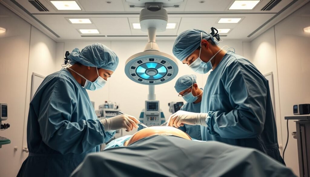 A detailed surgical scene depicting pioneering heart surgery techniques. In the foreground, a team of skilled surgeons in sterile attire perform a complex procedure on an open chest, their hands steady and focused. The middle ground reveals an array of advanced medical equipment and monitoring devices, the soft glow of screens casting an ethereal light. In the background, the austere yet calming atmosphere of the operating theater, with clean white walls and recessed lighting that creates a sense of tranquility amidst the intensity of the surgery. The scene conveys a blend of technical precision, medical innovation, and the profound human care that defines the pioneering work of cardiac surgeons. A detailed surgical scene depicting pioneering heart surgery techniques. In the foreground, a team of skilled surgeons in sterile attire perform a complex procedure on an open chest, their hands steady and focused. The middle ground reveals an array of advanced medical equipment and monitoring devices, the soft glow of screens casting an ethereal light. In the background, the austere yet calming atmosphere of the operating theater, with clean white walls and recessed lighting that creates a sense of tranquility amidst the intensity of the surgery. The scene conveys a blend of technical precision, medical innovation, and the profound human care that defines the pioneering work of cardiac surgeons.