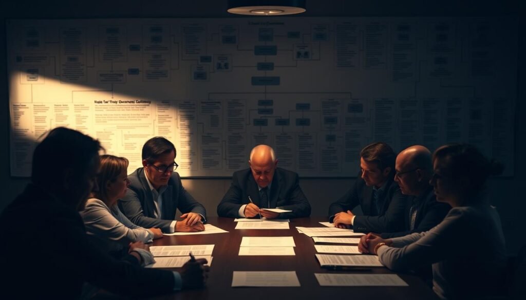 A dimly lit boardroom, the air heavy with the weight of unspoken challenges. At the head of the table, a group of nonprofit leaders wrestle with complex governance issues, their brows furrowed in concentration. The background is a maze of overlapping org charts and policy documents, casting shadows across the faces of the decision-makers. Soft, directional lighting highlights the tension in the room, as they navigate the delicate balance of accountability, transparency, and strategic vision. This scene captures the essence of the "Addressing Common Governance Challenges" section, where difficult conversations and tough choices are the order of the day.