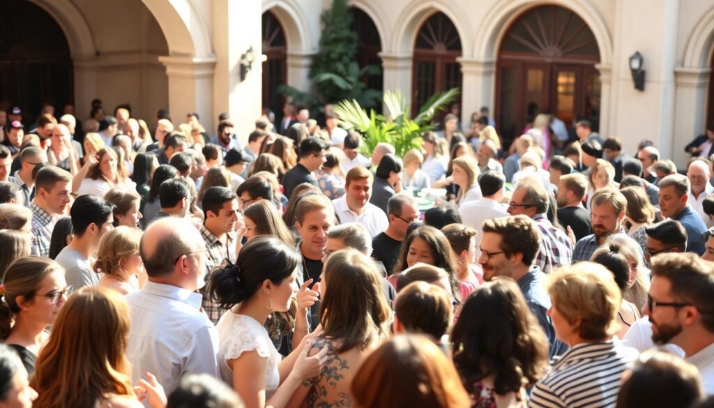 A diverse crowd of people enthusiastically engaging in lively discussions, collaborating on ideas, and actively participating in a community event. The scene is bathed in warm, natural lighting, creating a vibrant and inviting atmosphere. In the foreground, groups of individuals gesticulate animatedly, their faces alight with energy and enthusiasm. In the middle ground, people huddle around tables, exchanging thoughts and opinions, while in the background, a backdrop of architectural details and greenery sets the stage for this dynamic social interaction. The overall composition conveys a sense of community, involvement, and a shared sense of purpose.