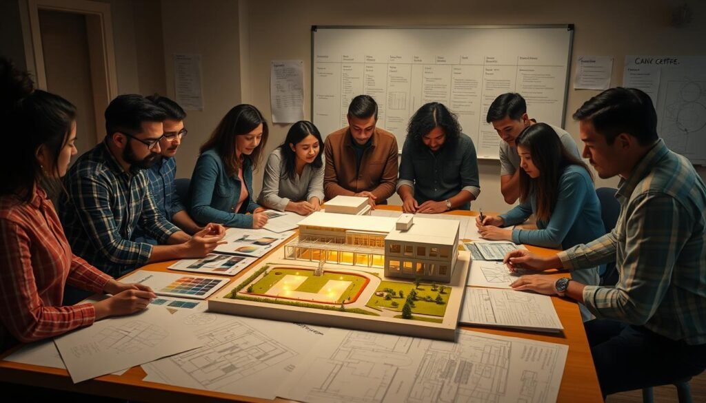 A diverse team of collaborators gathered around a large table, poring over plans and designs. Warm lighting illuminates the scene, casting a contemplative glow. On the table, a scale model of a community center takes shape, surrounded by sketches, 3D renderings, and color palettes. Blueprints and architectural drawings are spread out, as the team discusses construction timelines and budgets. In the background, a whiteboard displays a timeline, project milestones, and progress indicators. An atmosphere of focused intensity pervades the room, as the team works to bring their vision to life and positively impact the local community.