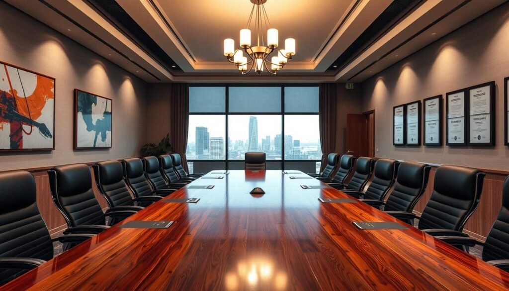 A formal and organized boardroom setting, with a long wooden table surrounded by ergonomic chairs. Overhead, a modern chandelier casts a warm, focused light across the scene. The walls are adorned with abstract art pieces and framed certificates, conveying a sense of professionalism and authority. Through the large windows, a cityscape can be seen, suggesting an urban, corporate environment. The atmosphere is one of deliberation and decision-making, with attention to detail and a commitment to structured processes. The mood is serious yet productive, capturing the essence of initial preparation and organizational arrangements for an effective board of directors.