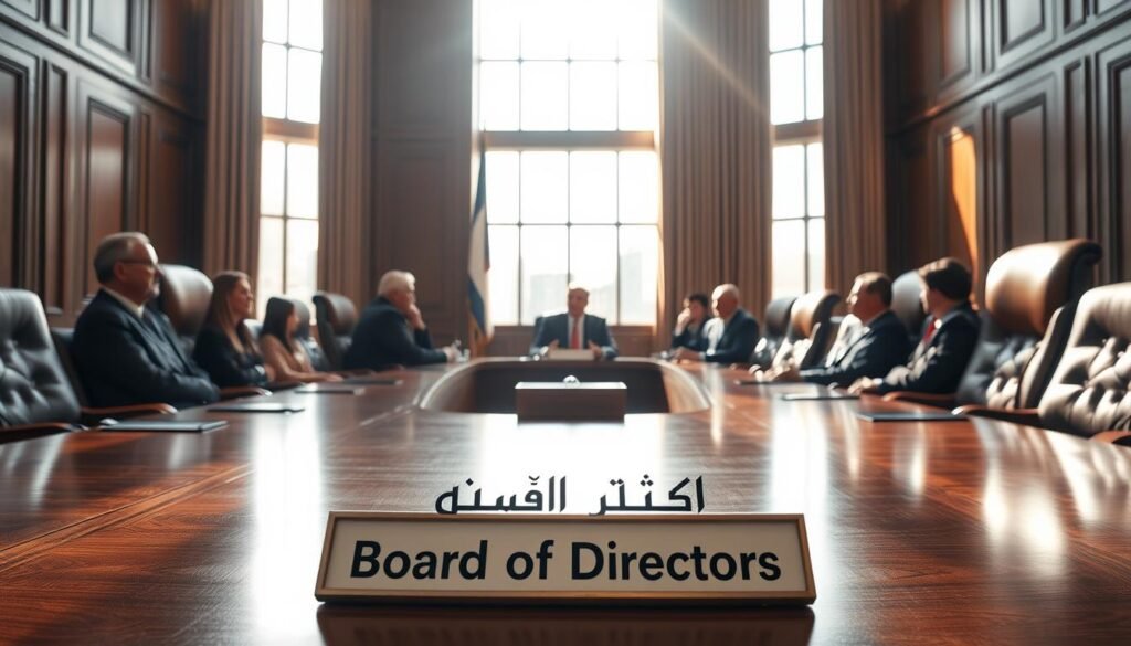 A formal boardroom setting, with a large wooden table and high-backed leather chairs. Sunlight streams in through tall windows, casting a warm glow on the scene. Around the table, a group of serious-looking individuals in business attire, engaged in discussion. In the foreground, a placard or nameplate reads "Board of Directors" in Arabic script. The atmosphere is one of professionalism and responsibility, conveying the gravity of the members' duties and obligations. The lighting is soft and naturalistic, creating a sense of calm and authority. The overall composition is balanced and symmetrical, reflecting the structure and organization of the governing body.