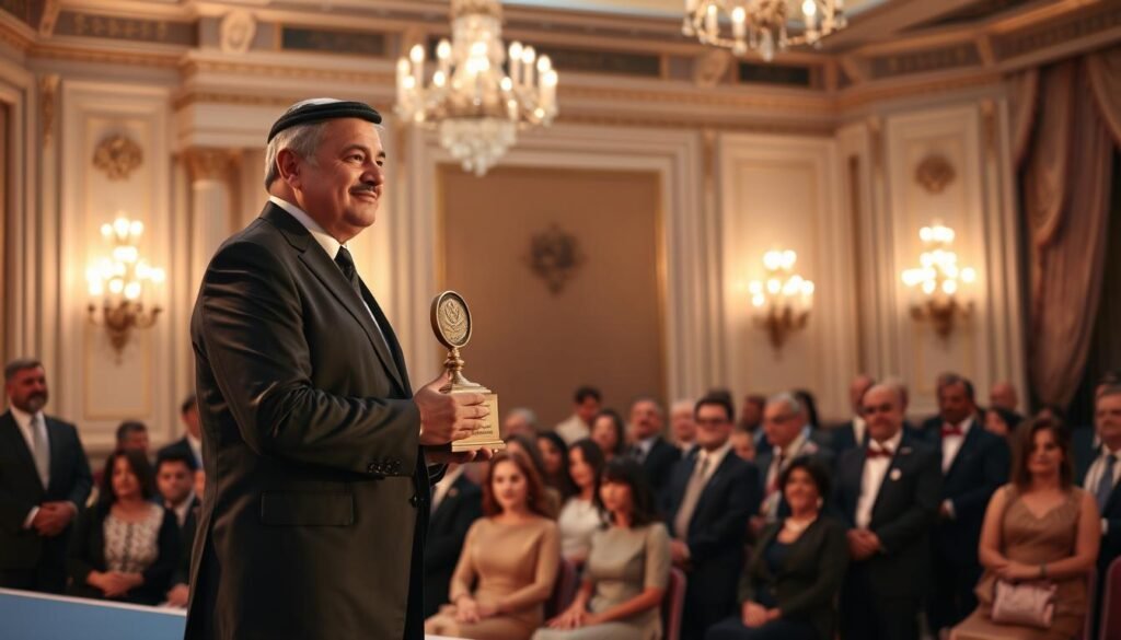 A formal, elegant award ceremony honoring Ahmad Shugairi's remarkable achievements and impact. In the foreground, Shugairi stands on a stage, graciously accepting a prestigious trophy or medal, his expression one of humble pride. Soft, warm lighting illuminates his face, casting an inspirational glow. The middle ground features an audience of distinguished guests, their faces alight with admiration. In the background, a grand, opulent venue with ornate architectural details and lush draperies sets the scene. An atmosphere of prestige, accomplishment, and profound respect permeates the image.
