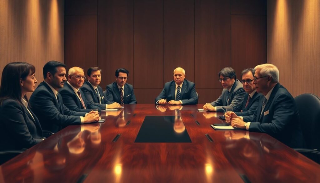 A formal, orderly meeting of a board of directors gathered around a polished mahogany table, illuminated by warm, golden lighting that casts a professional atmosphere. The directors, dressed in business attire, are engaged in a serious discussion, their expressions attentive and contemplative. The background is minimalist, with subtle textures and soft colors that frame the central focus on the board members. The composition emphasizes the collaborative nature of the decision-making process, with a balanced, symmetrical arrangement of the participants. The overall scene conveys a sense of authority, responsibility, and thoughtful deliberation befitting the governance of an organization.