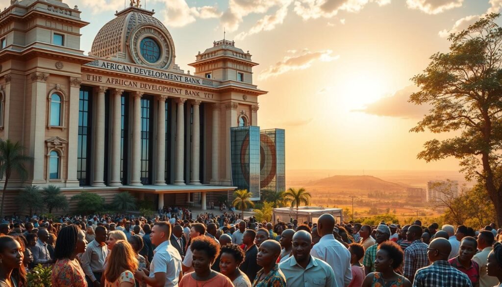 A grand, majestic building stands tall, its facade adorned with intricate architectural details that speak to the grandeur and importance of the African Development Bank. In the foreground, a vibrant, bustling scene unfolds, with people from diverse backgrounds engaged in discussions and collaborations, their faces alight with purpose and determination. The middle ground is punctuated by sleek, modern office towers, symbolizing the bank's commitment to innovation and progress. In the background, a stunning African landscape unfolds, with rolling hills, lush greenery, and a vibrant, sun-dappled sky, reflecting the bank's deep roots in the continent. The lighting is soft and warm, casting a glow of optimism and hope, and the overall composition conveys a sense of strength, unity, and a steadfast dedication to the African continent's growth and development.