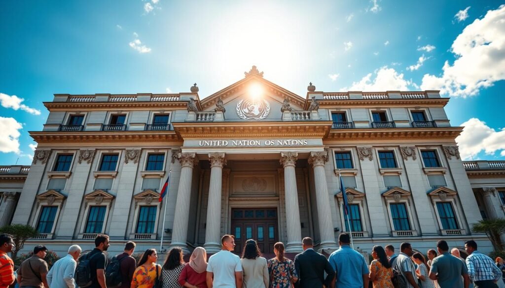 A grand, ornate building set against a backdrop of blue skies, representing the United Nations headquarters. The façade features intricate architectural details, columns, and a central entrance. Sunlight streams in, casting warm, soft lighting across the scene. In the foreground, a group of diverse people - men, women, and children - stand together, symbolizing the global nature of the United Nations Population Fund's mission. The overall atmosphere conveys a sense of unity, progress, and the organization's commitment to improving the lives of people worldwide.