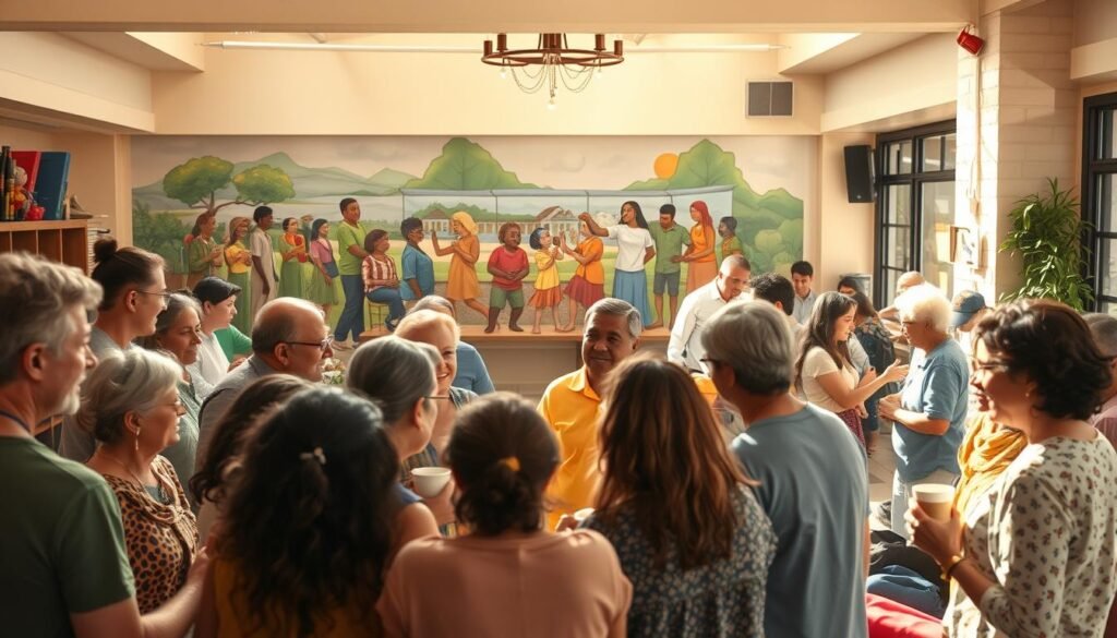 A group of diverse people gathered in a warm, sun-dappled community center, engaged in various activities that foster connection and mutual support. In the foreground, a circle of individuals of different ages and backgrounds, discussing and sharing ideas. In the middle ground, a vibrant mural depicting scenes of community life, with people helping one another. In the background, a cozy lounge area where people are sipping coffee and chatting animatedly. The lighting is soft and inviting, creating a sense of comfort and belonging. The scene conveys a feeling of togetherness, empowerment, and a shared commitment to building a stronger, more resilient community.