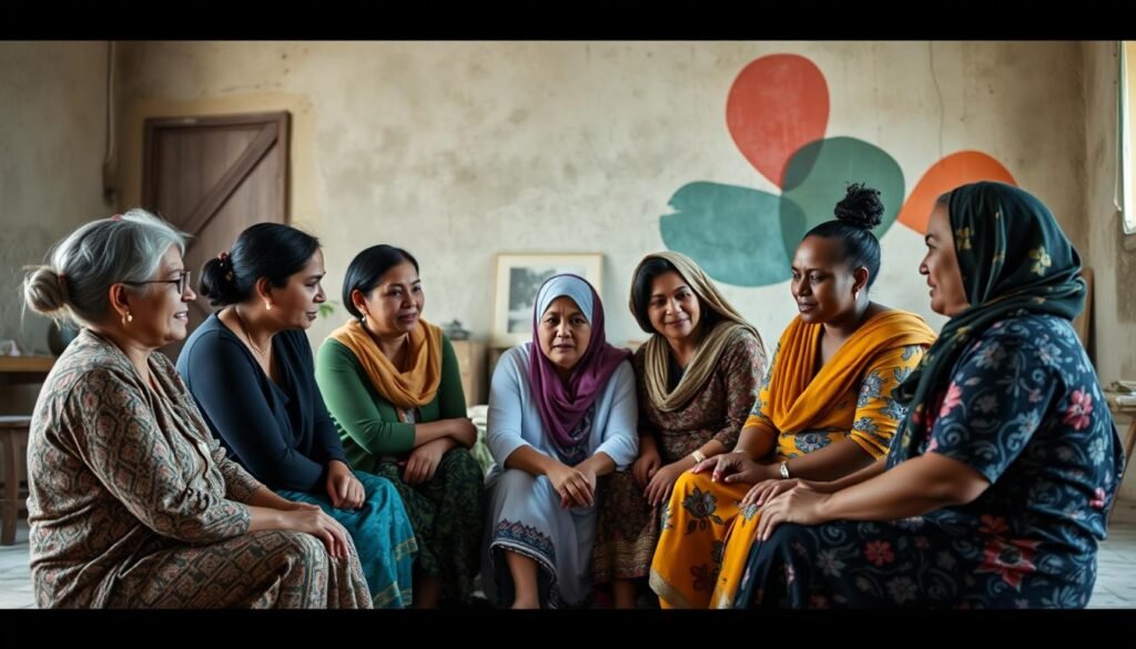 A group of diverse, resilient women survivors sitting in a circle, supporting one another in a conflict-affected setting. The foreground depicts their empowered, compassionate expressions as they share their stories and offer mutual comfort. The middle ground shows a backdrop of a simple, yet functional community space with neutral tones, basic furnishings, and natural light filtering in. In the background, a sense of hope and determination is conveyed through abstract shapes and patterns, hinting at their collective strength and resolve to rebuild their lives. The overall mood is one of solidarity, healing, and a shared vision for a better future.