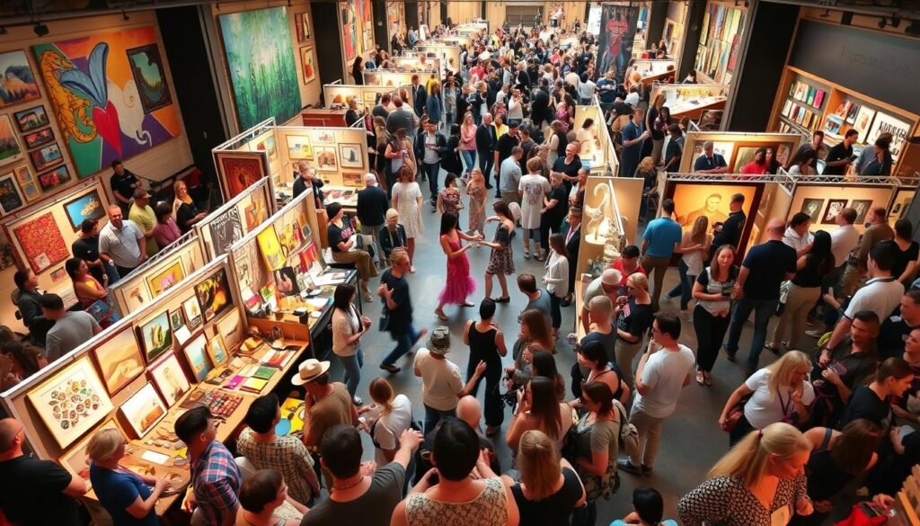 A lively scene of a creative fundraising event, with a vibrant mix of art installations, live music performances, and interactive workshops. In the foreground, a group of people gather around a central stage, captivated by a mesmerizing dance troupe. In the middle ground, colorful booths showcase handmade crafts, paintings, and sculptures, inviting visitors to explore and purchase. The background is filled with a bustling crowd, mingling and engaging with the various activities, creating an atmosphere of energy and enthusiasm. The lighting is warm and inviting, casting a glow over the entire scene, and the angle captures the event's dynamic and inclusive nature.