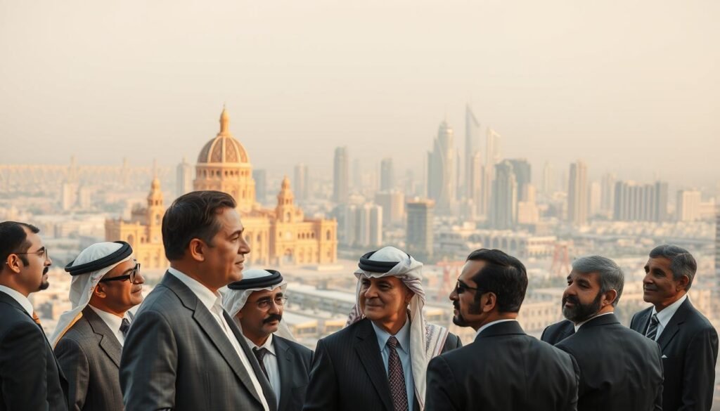 A majestic cityscape of Sharjah, UAE, illuminated by the warm glow of the sun. In the foreground, a group of distinguished leaders in formal attire, engaged in a thoughtful discussion, their expressions conveying a sense of authority and vision. The middle ground features the iconic architecture of Sharjah's governmental buildings, their ornate designs and intricate details reflecting the region's rich cultural heritage. In the background, a panoramic view of the city skyline, with towering skyscrapers and gleaming spires, symbolizing the global influence and progressive nature of Sharjah's leadership. The scene is bathed in a soft, diffused lighting, creating an atmosphere of sophistication and professionalism. A majestic cityscape of Sharjah, UAE, illuminated by the warm glow of the sun. In the foreground, a group of distinguished leaders in formal attire, engaged in a thoughtful discussion, their expressions conveying a sense of authority and vision. The middle ground features the iconic architecture of Sharjah's governmental buildings, their ornate designs and intricate details reflecting the region's rich cultural heritage. In the background, a panoramic view of the city skyline, with towering skyscrapers and gleaming spires, symbolizing the global influence and progressive nature of Sharjah's leadership. The scene is bathed in a soft, diffused lighting, creating an atmosphere of sophistication and professionalism.