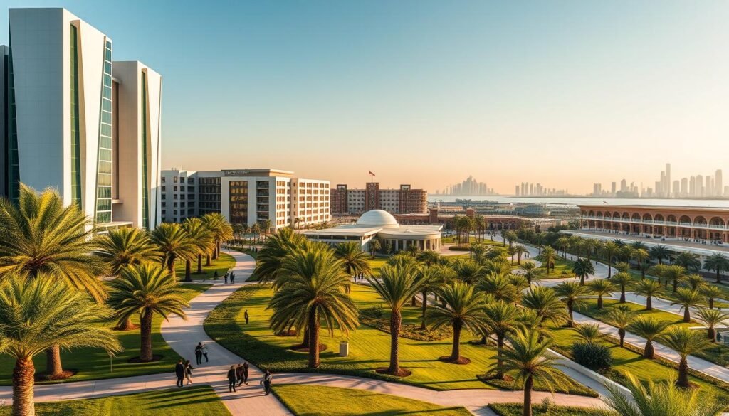 A majestic university campus nestled within a lush, verdant landscape, the Qatar Foundation Education City campus is a shining beacon of education and innovation. Towering modern buildings with sleek, angular designs stand in harmonious contrast to the surrounding palm trees and meticulously tended gardens. Warm, golden sunlight bathes the scene, casting long shadows and lending a sense of tranquility and serenity. In the foreground, students and faculty members stroll along the neatly paved walkways, engaged in thoughtful discussions. The middle ground showcases the diverse array of academic facilities, each with its own distinctive architectural flair. In the distance, the horizon is punctuated by the iconic skyline of Doha, a testament to the city's rapid progress and the Foundation's global impact.