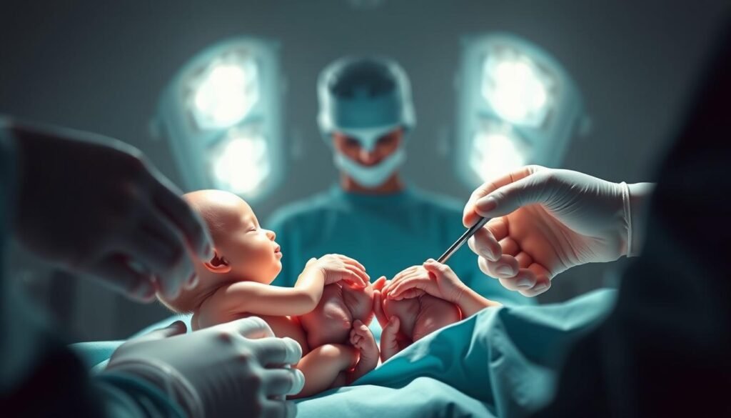 A meticulously detailed medical illustration depicting the complex surgical separation of Siamese twin infants. The foreground shows the twins' intricately connected anatomy, with delicate incisions and sutures visible. The middle ground showcases the skilled hands of the pediatric surgeon, performing the delicate procedure with utmost precision. The background is a sterile, bright operating theater, illuminated by crisp surgical lighting that casts dramatic shadows. The overall atmosphere conveys the gravity and technical mastery required for this life-changing operation, reflecting the pioneering work of renowned pediatric surgeon Dr. Abdullah Al-Rabeeah. A meticulously detailed medical illustration depicting the complex surgical separation of Siamese twin infants. The foreground shows the twins' intricately connected anatomy, with delicate incisions and sutures visible. The middle ground showcases the skilled hands of the pediatric surgeon, performing the delicate procedure with utmost precision. The background is a sterile, bright operating theater, illuminated by crisp surgical lighting that casts dramatic shadows. The overall atmosphere conveys the gravity and technical mastery required for this life-changing operation, reflecting the pioneering work of renowned pediatric surgeon Dr. Abdullah Al-Rabeeah.