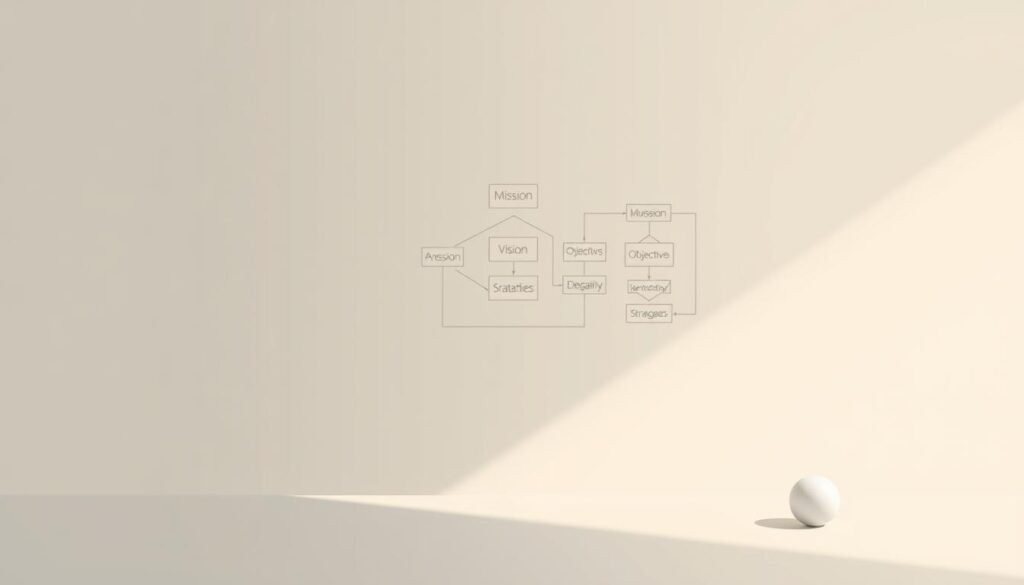 A minimalist, clean-lined illustration depicting the core concepts of strategic planning. In the foreground, simple geometric shapes representing the fundamental elements - mission, vision, objectives, strategies. The middle ground features interconnected diagrams and flowcharts, conveying the structured, analytical nature of the planning process. The background has a soft, muted color palette, evoking a sense of focus and clarity. Subtle directional lighting casts a warm, pensive glow, setting a contemplative tone. The overall composition should feel balanced, elegant, and conducive to understanding the essential principles of strategic planning.