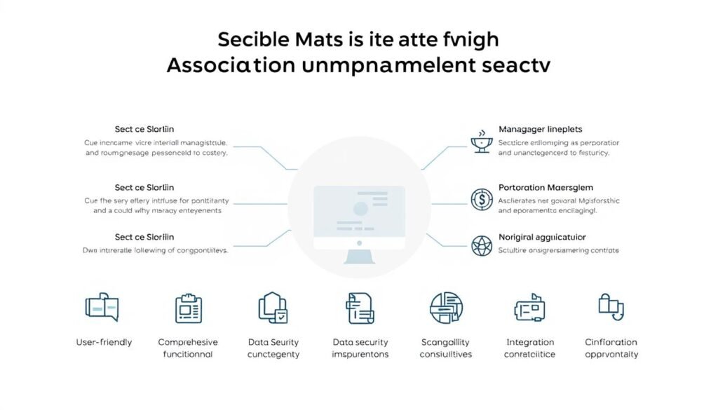 A modern, minimalist illustration showcasing the key criteria for selecting the right association management software. Set against a clean, neutral background, the foreground depicts a series of neatly organized icons and infographic elements representing essential features such as user-friendly interface, comprehensive functionality, data security, scalability, and integration capabilities. The middle ground features a sleek, geometric representation of the software program itself, emphasizing its elegant design and intuitive workflow. The background subtly incorporates subtle patterns or textures that reinforce the professional, reliable nature of the software solution. The overall mood is one of clarity, efficiency, and informed decision-making, guiding the viewer towards identifying the optimal association management platform.