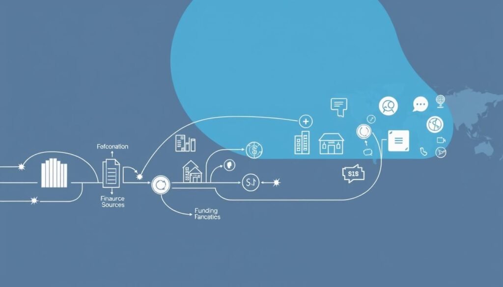 A modern, minimalistic illustration of the United Nations Development Programme's financial infrastructure. In the foreground, a clean, geometric visualization of budgetary flows and resource allocations, depicted through fluid, interconnected shapes and lines. The middle ground features abstract icons and symbols representing the diverse funding sources and stakeholders that support the UNDP's initiatives. In the background, a subtle world map or globe hints at the global scale and reach of the organization's development efforts. The overall aesthetic conveys a sense of efficiency, transparency, and collaborative purpose, reflecting the UNDP's role as a central hub for international development finance.