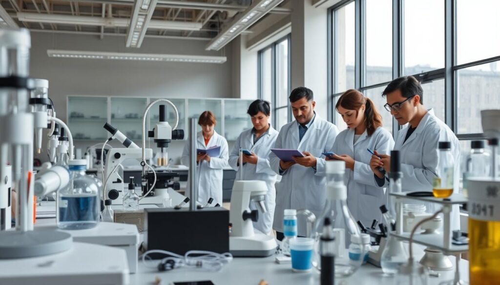 A modern, well-lit laboratory setting with various scientific apparatus, equipment, and tools displayed prominently in the foreground. In the middle ground, researchers in white lab coats are intently observing experiments, taking notes, and collaborating. The background features a clean, minimalist workspace with large windows, providing a sense of openness and innovation. The overall mood is one of professional focus, attention to detail, and a systematic approach to research methods and procedures.
