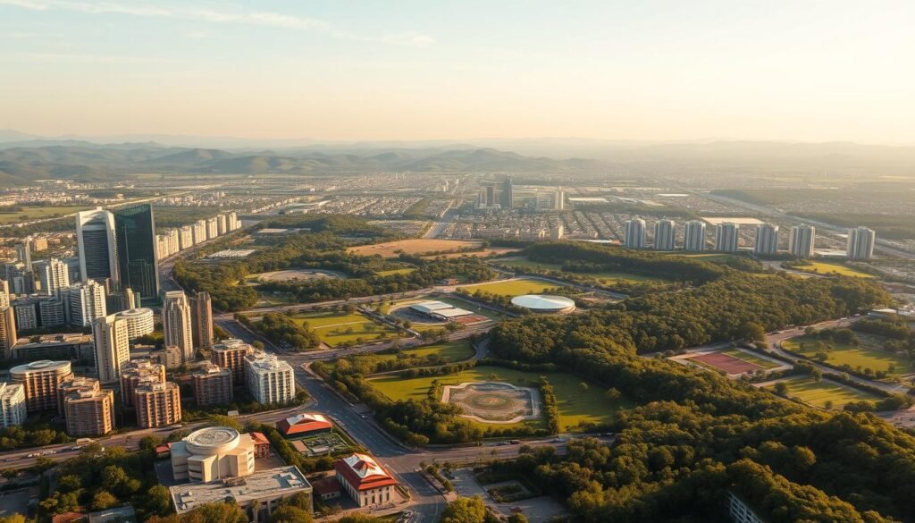 A panoramic landscape depicting a series of interconnected development initiatives and integrated strategies. In the foreground, a bustling city skyline with modern architecture and gleaming skyscrapers, reflecting the dynamism of economic growth. In the middle ground, lush green spaces with carefully cultivated gardens and parks, showcasing sustainable urban planning. In the background, rolling hills and vast open spaces, symbolizing the expansive, holistic nature of the development approach. The scene is illuminated by warm, golden sunlight, evoking a sense of progress, innovation, and a harmonious balance between human development and the natural environment. A panoramic landscape depicting a series of interconnected development initiatives and integrated strategies. In the foreground, a bustling city skyline with modern architecture and gleaming skyscrapers, reflecting the dynamism of economic growth. In the middle ground, lush green spaces with carefully cultivated gardens and parks, showcasing sustainable urban planning. In the background, rolling hills and vast open spaces, symbolizing the expansive, holistic nature of the development approach. The scene is illuminated by warm, golden sunlight, evoking a sense of progress, innovation, and a harmonious balance between human development and the natural environment.