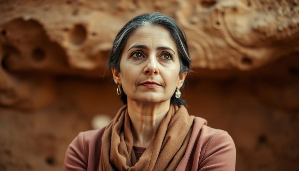 A portrait of Rana Dajani, a prominent Jordanian molecular biologist, set against a warm, earthy backdrop reflecting her cultural heritage. Elegant, poised, and deeply engaged, she gazes thoughtfully, her expression conveying her passion for scientific discovery. Muted, harmonious colors evoke a sense of tranquility and intellectual rigor. Soft natural lighting accentuates her features, creating an air of contemplation. The composition balances her central figure with subtly integrated visual cues hinting at her formative experiences and scholarly achievements. An image that captures the essence of a distinguished scientist and her cultural legacy. A portrait of Rana Dajani, a prominent Jordanian molecular biologist, set against a warm, earthy backdrop reflecting her cultural heritage. Elegant, poised, and deeply engaged, she gazes thoughtfully, her expression conveying her passion for scientific discovery. Muted, harmonious colors evoke a sense of tranquility and intellectual rigor. Soft natural lighting accentuates her features, creating an air of contemplation. The composition balances her central figure with subtly integrated visual cues hinting at her formative experiences and scholarly achievements. An image that captures the essence of a distinguished scientist and her cultural legacy.