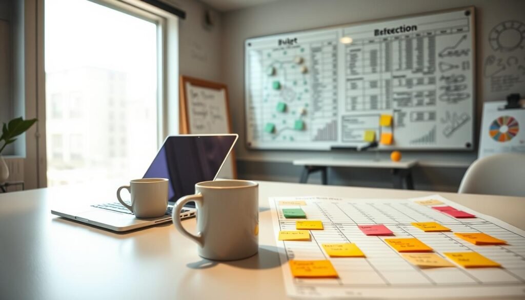 A pristine office desk with a laptop, coffee mug, and an organized array of colored sticky notes. In the foreground, a timeline diagram depicting project milestones and deadlines, with various icons representing different task types. In the middle ground, a detailed budget spreadsheet with line items, totals, and visual charts. The background features a large whiteboard with scribbled notes and sketches, illuminated by soft, natural lighting from a nearby window. The overall mood is one of focused productivity and strategic planning.
