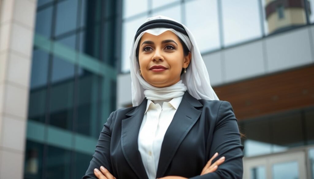 A professional, confident Saudi woman in a smart business suit stands in front of a modern, glass-walled office building. Her expression is poised and authoritative, reflecting her leadership position in the banking industry. The lighting is natural, with soft shadows and highlights accentuating her features. The camera angle is slightly low, conveying a sense of power and authority. The background is blurred, keeping the focus on the woman's face and upper body. The overall atmosphere is one of success, competence, and a strong female presence in the male-dominated world of finance.