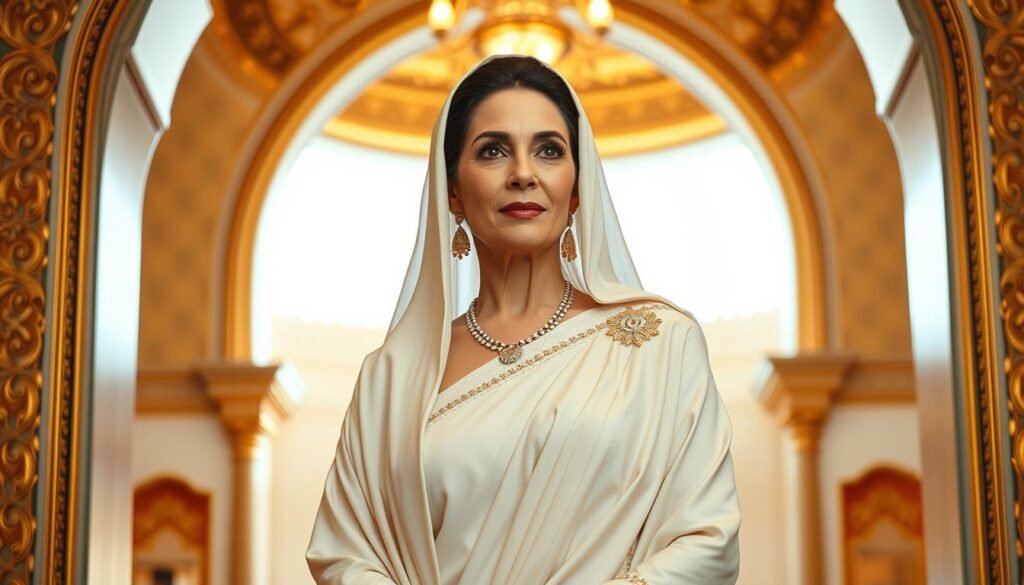 A regal and dignified portrait of Sheikha Moza bint Nasser, the former First Lady of Qatar, standing confidently against a backdrop of opulent Qatari architecture. Her elegant and poised posture, along with her traditional Qatari dress and ornate jewelry, convey a sense of grace and leadership. Soft, warm lighting illuminates her face, highlighting her striking features and thoughtful gaze. The scene is framed by a grand, ornate archway, with intricate patterns and colors that complement the subject's attire. The overall composition exudes a sense of cultural pride, power, and the noble legacy of this influential Qatari woman. A regal and dignified portrait of Sheikha Moza bint Nasser, the former First Lady of Qatar, standing confidently against a backdrop of opulent Qatari architecture. Her elegant and poised posture, along with her traditional Qatari dress and ornate jewelry, convey a sense of grace and leadership. Soft, warm lighting illuminates her face, highlighting her striking features and thoughtful gaze. The scene is framed by a grand, ornate archway, with intricate patterns and colors that complement the subject's attire. The overall composition exudes a sense of cultural pride, power, and the noble legacy of this influential Qatari woman.