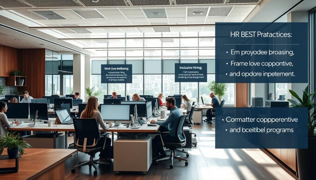 A serene corporate office interior, filled with natural light and tasteful modern furnishings. Employees collaborate at ergonomic desks, discussing policies and procedures that promote employee well-being, work-life balance, and professional development. Elegant signage highlights HR best practices like inclusive hiring, fair compensation, and comprehensive training programs. The atmosphere is one of productivity, positivity, and a genuine commitment to supporting the workforce. Warm wood tones, clean lines, and subtle pops of color create a visually appealing and inspiring workspace.
