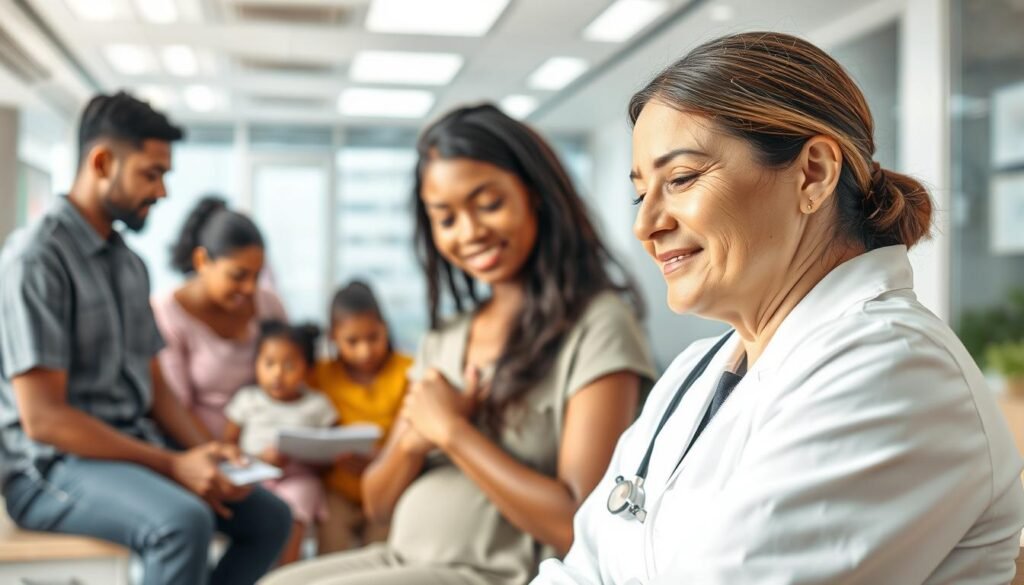 A serene, softly-lit scene depicting the various aspects of reproductive health services. In the foreground, a caring medical professional consults with a patient, their expressions conveying empathy and trust. In the middle ground, a diverse group of individuals - men, women, and children - engage in educational activities related to family planning and maternal healthcare. The background showcases a modern, well-equipped healthcare facility, with clean lines and soothing colors. The overall atmosphere is one of compassion, accessibility, and a deep commitment to promoting the reproductive rights and well-being of the community.