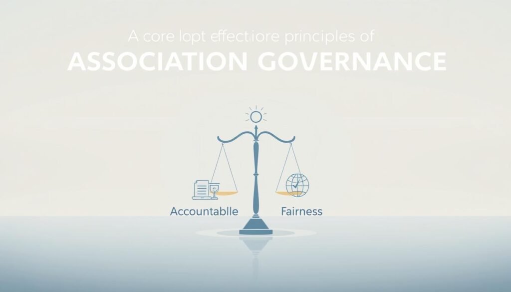 A serene, well-balanced composition depicting the core principles of effective association governance. A stylized illustration showcasing the key elements: transparency, accountability, fairness, and ethical leadership. Soft, muted colors with clean, modern vector graphics evoke a sense of harmony and professionalism. The foreground features symbolic icons representing the foundational tenets, while the background suggests a backdrop of institutional architecture, alluding to the organizational context. Diffused lighting and a minimalist aesthetic convey an atmosphere of thoughtfulness and clarity, befitting the subject matter.