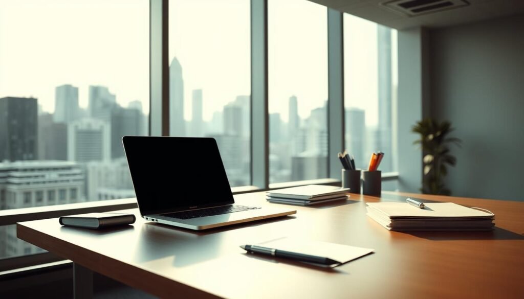 A sleek, modern office interior with a prominent desk, a laptop, and various stationery items. Soft, directional lighting illuminates the scene, casting subtle shadows. The desk is neatly organized, with a few folders, a pen, and a notepad prominently displayed. In the background, a large window overlooks a bustling city skyline, adding depth and a sense of context. The overall mood is one of professionalism, attention to detail, and a focus on data-driven decision making, reflecting the nature of a nonprofit communications audit.