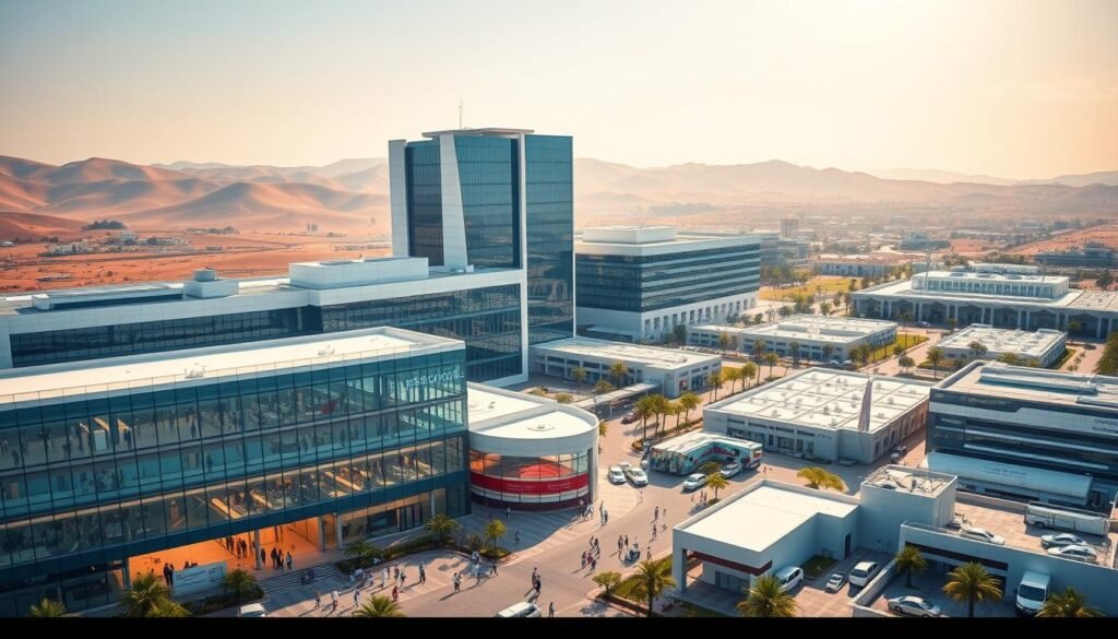 A sprawling modern hospital complex in Sudan, its gleaming glass and steel edifices rising against a backdrop of rolling hills. In the foreground, a bustling emergency wing with doctors and nurses rushing to aid patients. The middle ground showcases state-of-the-art medical equipment and facilities, while the background reveals an expansive network of secondary clinics and rehabilitation centers. Warm sunlight filters through the windows, casting a comforting glow over the scene. The overall impression is one of progress, efficiency, and a steadfast commitment to improving the country's healthcare infrastructure.