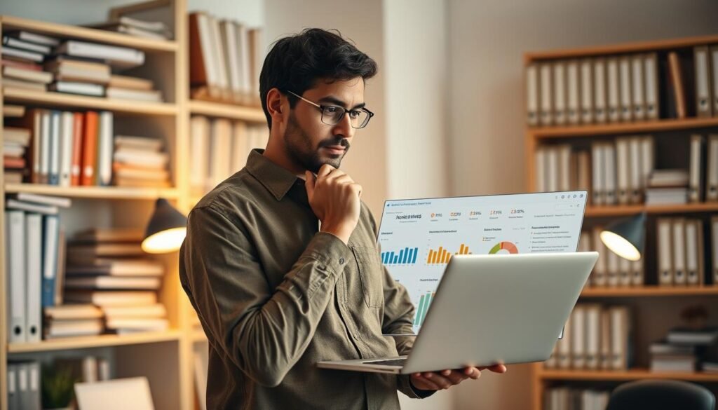 A thoughtful nonprofit leader stands in a well-lit office, contemplating a progress monitoring dashboard on their laptop. The dashboard displays key metrics, graphs, and timelines, reflecting the organization's strategic goals and initiatives. In the background, shelves brimming with binders and files suggest a wealth of data and records, while the warm glow of a desk lamp creates a contemplative atmosphere. The leader's expression is one of focused determination, signaling their commitment to tracking progress and adapting strategies to achieve the nonprofit's mission. A sense of measured optimism and a willingness to learn and evolve permeates the scene.