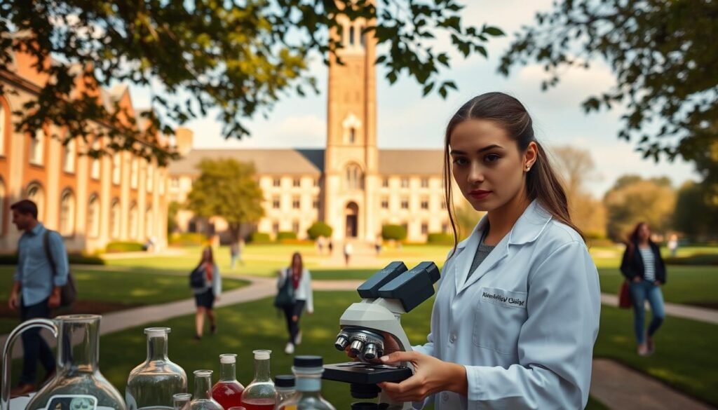 A tranquil academic setting, a university campus with stately buildings and manicured lawns. In the foreground, a young woman in a white lab coat, her expression focused as she examines a microscope slide, surrounded by beakers and scientific equipment. In the middle ground, students stroll along paths, engaged in animated discussions. In the background, a grand library tower rises, its windows glinting in the warm afternoon light. The atmosphere is one of scholarly pursuit, intellectual curiosity, and the pursuit of knowledge. A tranquil academic setting, a university campus with stately buildings and manicured lawns. In the foreground, a young woman in a white lab coat, her expression focused as she examines a microscope slide, surrounded by beakers and scientific equipment. In the middle ground, students stroll along paths, engaged in animated discussions. In the background, a grand library tower rises, its windows glinting in the warm afternoon light. The atmosphere is one of scholarly pursuit, intellectual curiosity, and the pursuit of knowledge.
