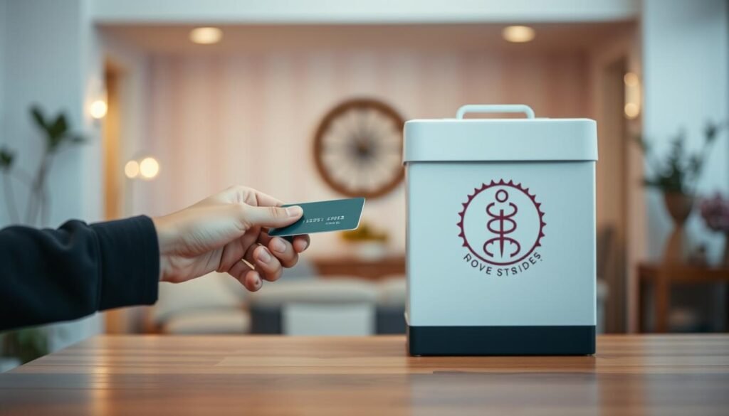 A tranquil scene of a person securely participating in a charitable donation campaign. The foreground depicts a person's hands carefully handing over a bank card or cash to a collection box, conveying a sense of trust and care. The middle ground showcases the collection box itself, prominently placed and adorned with a symbolic logo or design, suggesting a legitimate and organized donation drive. The background presents a softly-lit, serene environment, perhaps an indoor setting with warm lighting and subtle decorative elements, creating an atmosphere of comfort and safety. The overall composition exudes a tone of thoughtful, responsible, and protected charitable engagement.