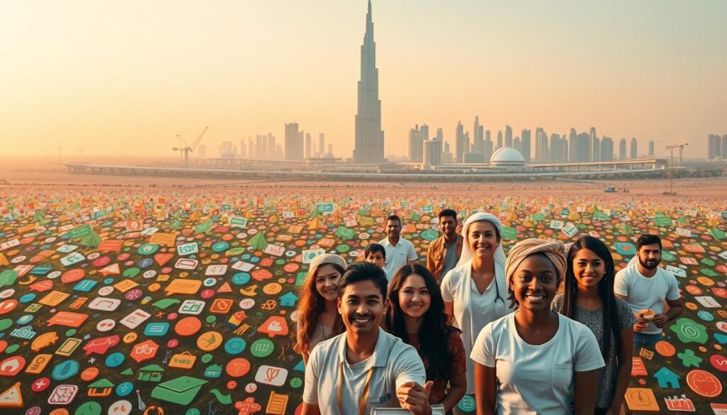 A vast, expansive landscape showcasing the diverse initiatives and focus areas of the Emirates Foundation. In the foreground, a vibrant, colorful mosaic of icons representing the foundation's key pillars - education, healthcare, environment, entrepreneurship, and community development. In the middle ground, a group of dynamic individuals from various backgrounds engaged in these initiatives, their faces filled with determination and purpose. In the background, a majestic, modern skyline punctuated by the iconic Emirates tower, symbolizing the foundation's progressive vision and impact. The scene is bathed in warm, golden light, conveying a sense of optimism and progress. The overall composition strikes a balance between the grandeur of the foundation's work and the human stories that drive its mission.