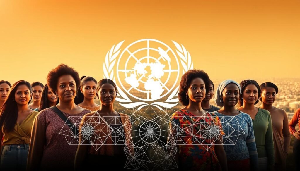 A vibrant and empowering scene showcasing the core responsibilities of UN Women. In the foreground, a diverse group of women stand resolute, their expressions radiating determination and strength. Behind them, the UN Women logo shines brightly, a symbol of the organization's unwavering commitment to gender equality. In the middle ground, intricate geometric patterns and clean lines create a sense of order and structure, reflecting the systematic approach UN Women takes to its work. In the distant background, a softly lit cityscape serves as a backdrop, hinting at the global scale of UN Women's impact. The entire composition is bathed in a warm, golden light, conveying a sense of hope, empowerment, and progress.