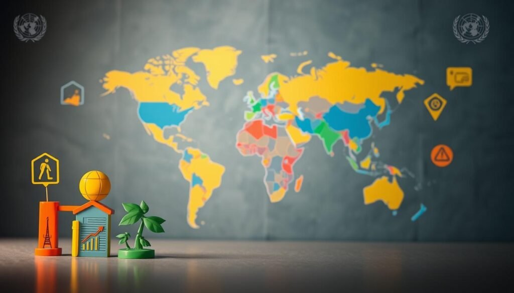 A vibrant, comprehensive visual representation of the key focus areas and developmental challenges of the United Nations Development Programme (UNDP). In the foreground, dynamic icons symbolize the UNDP's core initiatives - poverty reduction, sustainable development, good governance, and climate action. The middle ground features a detailed world map, with regions highlighted to depict the global reach and diverse challenges addressed by the organization. In the background, a subtly textured gradient evokes a sense of unity and international collaboration. The lighting is soft and diffused, creating a sense of optimism and progress. The overall composition conveys the UNDP's holistic approach to sustainable human development, serving as an informative and visually compelling illustration for the article.