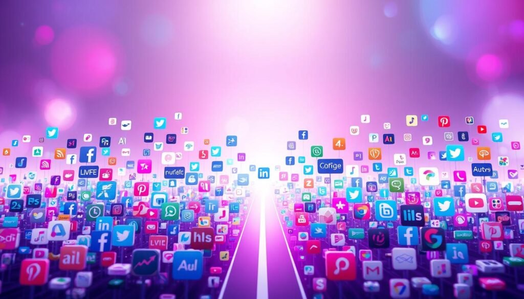 A vibrant digital landscape showcasing an array of diverse social media platforms. In the foreground, a visually striking arrangement of various app icons, logos, and interface elements, conveying a sense of interconnectivity and user engagement. The middle ground features a sleek, minimalist design with clean lines and a neutral color palette, allowing the platforms to take center stage. The background is illuminated by a soft, diffused light, creating a sense of depth and a subtle, ethereal atmosphere. The overall composition is dynamic, balanced, and visually captivating, evoking the seamless integration of communication channels in the modern digital world.