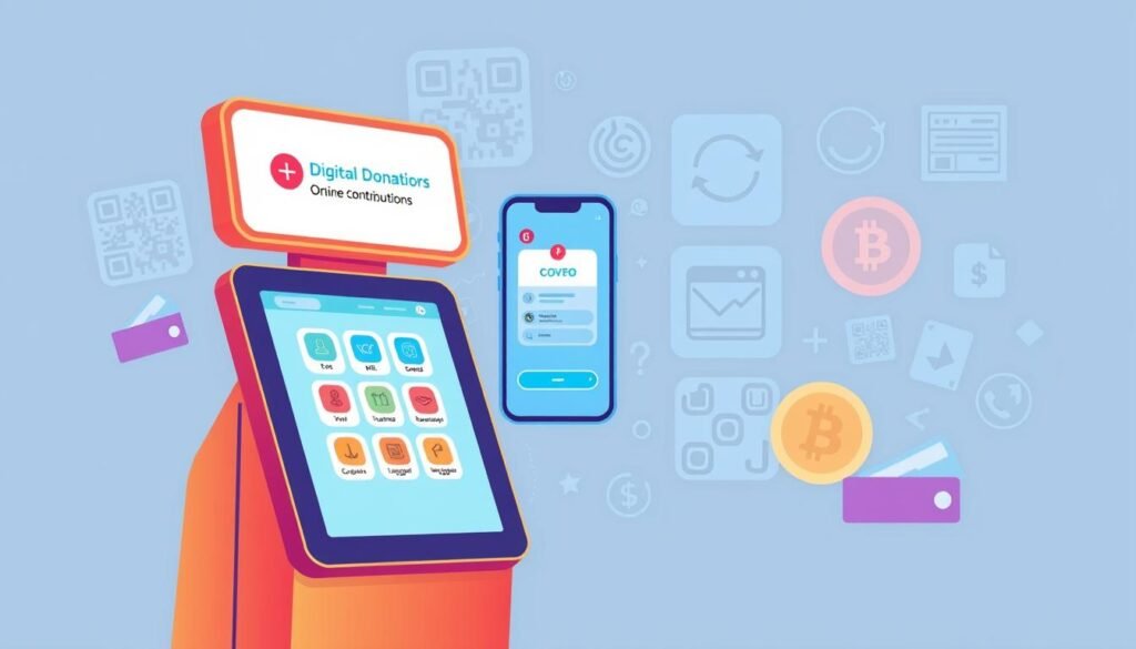 A vibrant illustration showcasing various digital donation methods. In the foreground, a touchscreen kiosk displays a user-friendly interface for effortless online contributions. In the middle ground, a smartphone screen depicts a mobile payment app, highlighting the convenience of remote fundraising. The background features a collage of QR codes, bank transfer icons, and cryptocurrency wallets, symbolizing the diverse electronic avenues for charitable giving. The overall scene conveys a sense of technological innovation and accessibility, inviting viewers to explore the evolving landscape of digital philanthropy.