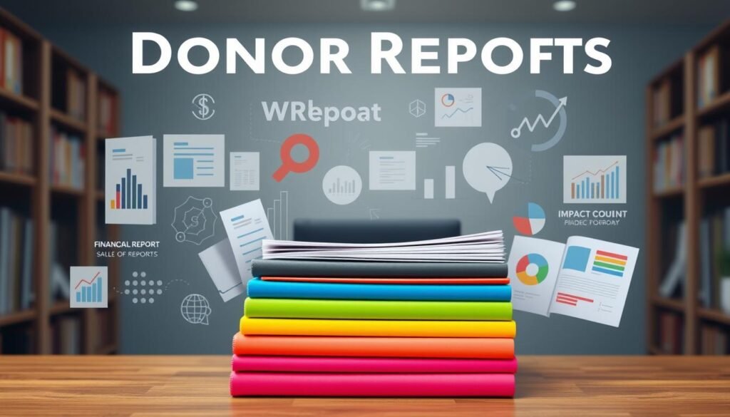 A vibrant infographic showcasing various types of donor reports. In the foreground, a stack of colorful report folders, each representing a different report style - financial, impact, project, and more. The middle ground features abstract data visualizations, charts, and graphs, hinting at the analytical nature of these reports. The background is a muted, professional office setting with bookshelves and subtle lighting, creating a tone of credibility and reliability. The overall composition conveys the importance of selecting the appropriate report type to effectively communicate an organization's impact to its donors.