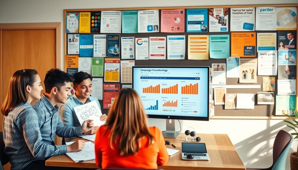 A vibrant, modern scene depicting various campaign promotion strategies. In the foreground, a group of young professionals gathered around a table, brainstorming ideas and sketching out social media post designs on whiteboards. In the middle ground, a laptop screen displays metrics and analytics for an ongoing email marketing campaign. The background features a bulletin board covered in colorful flyers, leaflets, and posters, each highlighting different outreach tactics. Warm, natural lighting fills the room, creating a productive and collaborative atmosphere. The overall composition conveys a sense of dynamic, multifaceted campaign promotion efforts.