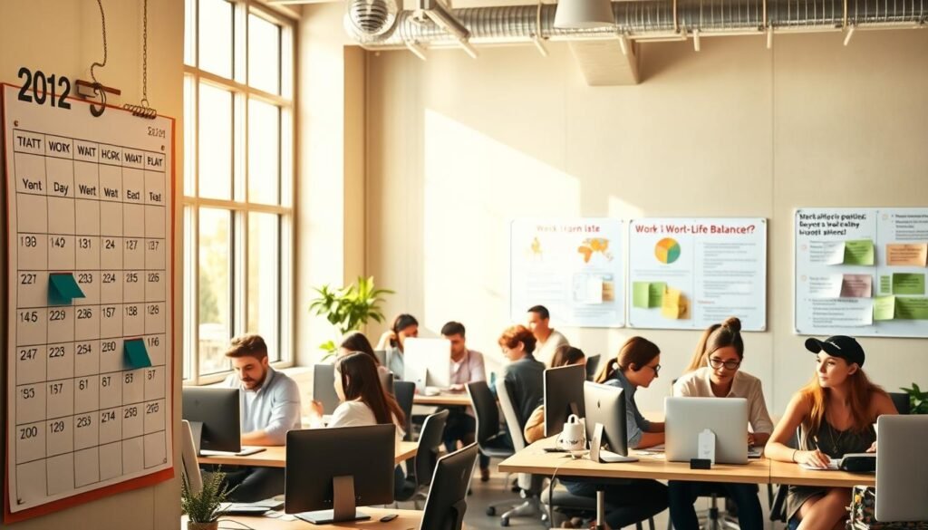 A vibrant office setting, with a group of diverse professionals working diligently at their desks. The scene is bathed in warm, natural lighting filtering through large windows, creating a productive and inviting atmosphere. In the foreground, a wall calendar prominently displays the work schedule, highlighting both working hours and vacation days. The middle ground showcases employees taking breaks, sharing ideas, and collaborating on projects. In the background, a notice board displays company policies and guidelines related to work-life balance. The overall composition conveys a harmonious blend of work and leisure, reflecting an organization that values employee well-being and work-life harmony.